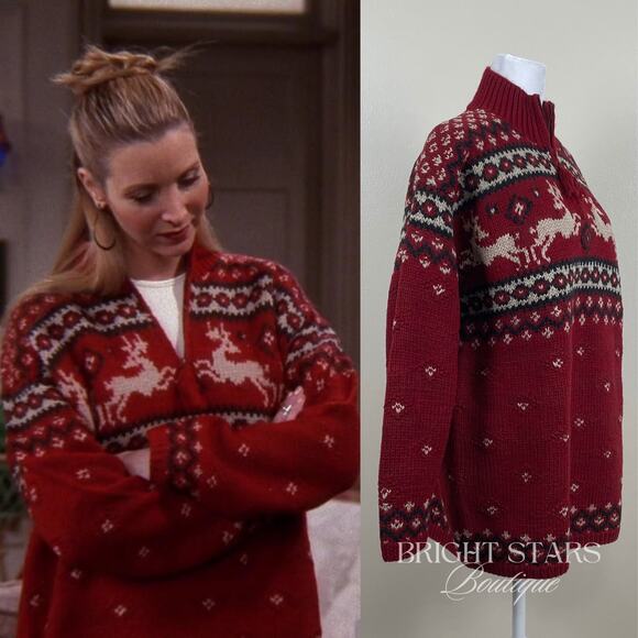 Rare Vintage Reindeer Holiday Sweater ASO Phoebe Buffay Friends Oversize Knit - Picture 3 of 13